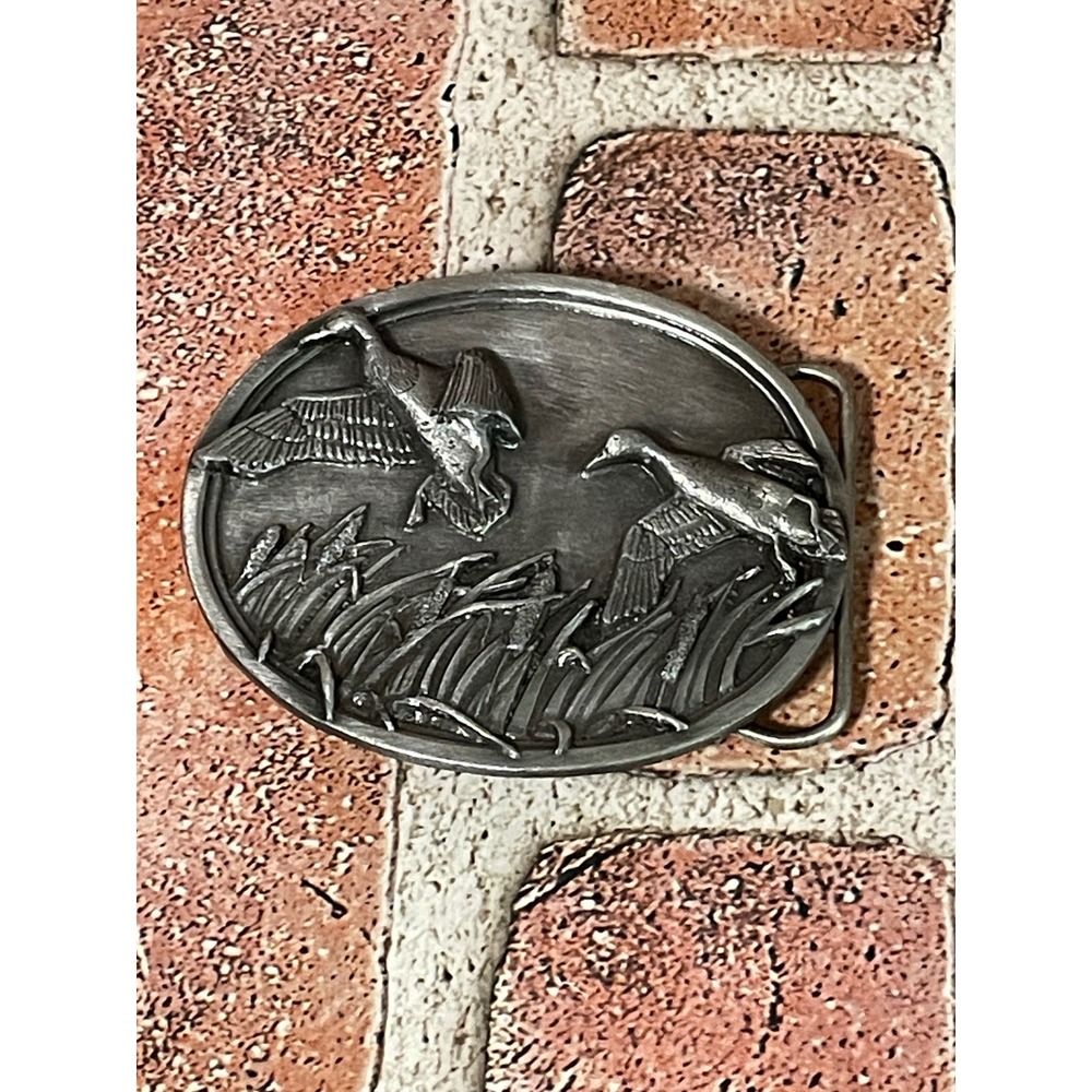 Vintage 1983 Bergamot Brass Works Mallard Ducks Belt Buckle Pewter L-146 USA